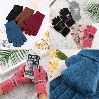 1pair Winter Christmas Male Female Cartoon Deer Plush Thickened Wool Knitted Touch Screen Riding Warm Proof Split Finger Gloves