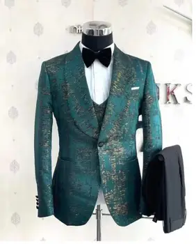 2024 Custom Latest Design Fashion Green Jacquard vestuvių kostiumai vyrams Oficialus jaunikis Prom Party Vyriškas smokingas Blazer Slim Fit Vyriški