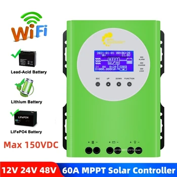 60A MPPT saulės įkrovimo valdiklis WiFi 150VDC saulės baterijų reguliatorius 12V 24V 36V 48V LiFePO4 / ličio / švino rūgšties / gelio baterija