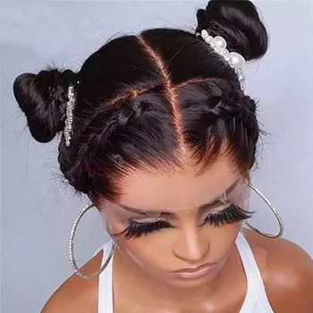 Kaulų tiesūs pilni nėriniai Žmogaus plaukų perukai Nėriniai Priekiniai perukai 180% Tankis Iš anksto nupeštas su kūdikių plaukais Brazilijos Remy plaukai moterims