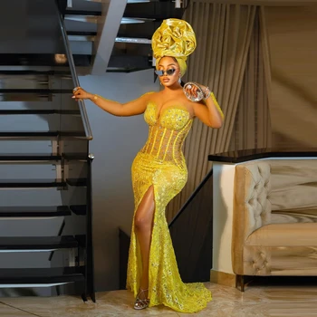 Nigerija Nėriniuotos Prom suknelės Seksualios Aukšto plyšio karoliukai Kristalai Undinėlė Vakariniai chalatai Iliuzija Ilgomis rankovėmis Moteriška vakarėlio suknelė