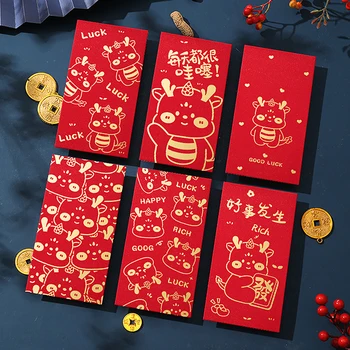 6 vnt 2024 Drakono metai Raudoni vokai Pavasario festivalis Raudonas pakelis Laimingi pinigų paketai Vaikai Naujųjų metų animacinių filmų dovanų maišeliai