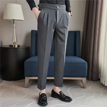 British Style Solid High Waist Kelnės Vyriškos oficialios kelnės 2023 Naujos aukštos kokybės Slim Fit Business laisvalaikio kostiumo kelnės Hommes Men