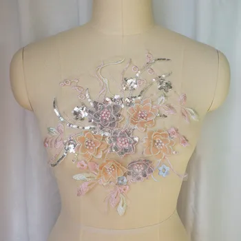 Rožinis sidabras 3D gėlių nėrinių audinio karoliukai Blizgučiai Kutai siuvinėti nuotakos chalatas Aplikacijos apykaklė Siuvimo pleistras Vestuvių dekoravimas Pasidaryk pats