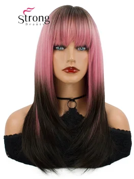 Strongbeauty Pink Ombre juodi plaukų perukai su kirpčiukais moterims ilgas sluoksnis kasdieniam vakarėliui Cosplay perukas