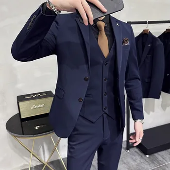 2023 Fashion New Men's Leisure Boutique Business Solid Color Slim Wedding Suit / Men's Striped 3 Lambs Blazers Striukės Kelnės Liemenė