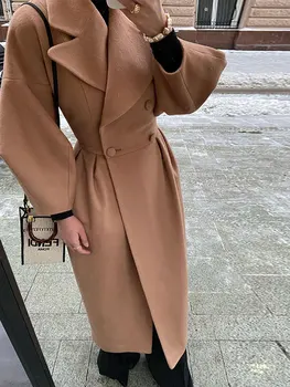 2023 Pavasario moterys Elegantiškas vilnonis mišinio paltas Mada Sutirštinti atlapai Dvispalvės ilgos striukės Biuro ponios kašmyro viršutiniai drabužiai