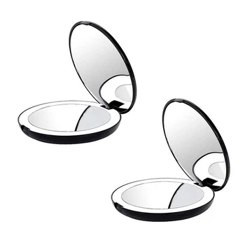 2X nešiojamas sulankstomas veidrodis su LED šviesos makiažo veidrodžiu, 10x didinamasis stiklas, 12 lempų karoliukų mini veidrodis juodas