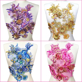 3Pcs 11.8x15inch 3D karoliukais siuvinėti gėlių rožiniai Fuksijos drabužiai Nėrinių pleistrai Apdaila Siuvimui ant šokių kostiumų