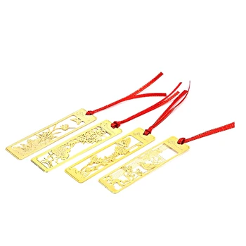 4PCS Kinų stiliaus žymės Metalinės žymės Auksinės žymės vaikams, moterims, Auksinės tuščiavidurės knygos ženklas su raudonu mazgojimo dirželių rinkiniu