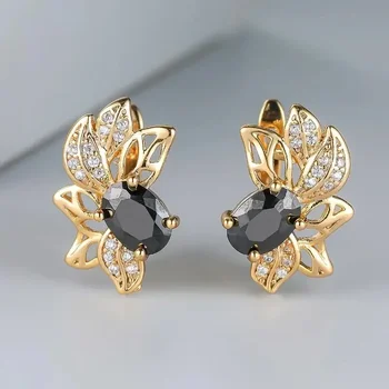 Aukso spalvos tuščiavidurių gėlių dizainas Moteriški auskarai Ovalus juodas akmuo Išgalvotos vestuvių vestuvės vakarėliams Mados papuošalai