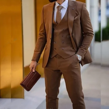 Boutique vyriški kostiumai Nauji rudi ploni tinka vienviečiai krūtinės verslo laisvalaikio kostiumai pilno komplekto jaunikis Vestuvinis smokingas Švarkas Pagal užsakymą