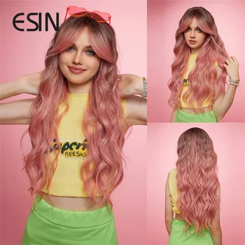 ESIN Synthetic Long Ombre Top Black to Pink Water Wave Perukai moterims Cosplay vakarėlis Natūralūs kasdieniai perukai Atsparus karščiui