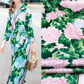 Fashion Hydrangea Green Leave Printed Imitate Silk Satin Fabric For Woman Girl Dress Palaidinė Pižama 