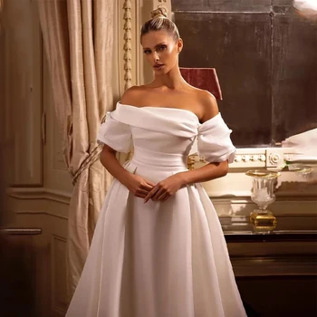 Gražios vestuvinės suknelės moterims Valties kaklas nuo peties Nuotakos chalatai A-Line Satin Pleat Gowns Luxury Vestidos De Novia 2024