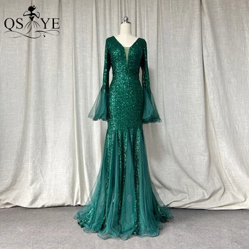 ilgomis rankovėmis žalios vakarinės suknelės VNeck Flare Tiulio rankovės Undinės prom suknelė Tinklelio raštas Blizgučiai LaceFit Vakarėlis Įžymybių suknelė