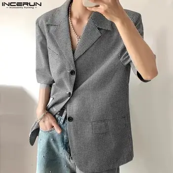 INCERUN Tops 2024 Korėjietiško stiliaus naujas vyriškas stilingas pledo dizaino kostiumas paltai laisvalaikio gatvės apranga vyriškas atlapas švarkas trumpomis rankovėmis S-5XL