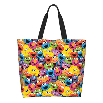 Kawaii Sesame Street Character Faces Shopping Tote Bag Recycling Cookie Monster Groceries Canvas Shoulder Shopper Bag