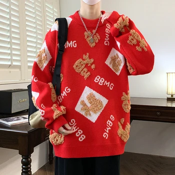 Kinų Naujųjų metų megztinis ilgomis rankovėmis Vyrai ir moterys Įgulos kaklas Gatvės drabužiai Rudens ir žiemos mados laisvas megztinis XXXXL