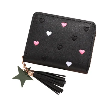 Moteriška piniginė su žvaigždžių pakabukų siuvinėjimo kortelių lizdais Nešiojami moteriški PU odiniai kutai Maža piniginė Mielas širdies rašto užtrauktukas