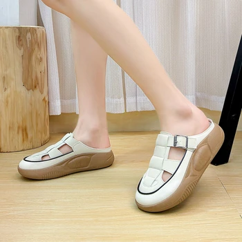 Mules Moterų vasara 2023 Laisvalaikio storas dugnas Uždaras kojų pirštų sandalas Šlepetė Moteris Komfortas Įsispiriama Loafers Avalynė Sandalias De Mujer