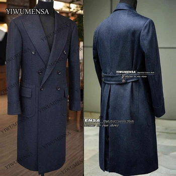 Navy Formal vyriško kostiumo švarkas Tailore Made Double Breasted Overcoat Tweed Wool Trench Blend Coat Long Business Outwear Blazer