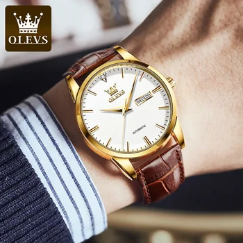 OLEVS 6629 vandeniui atsparus aukštos kokybės vyriškas rankinis laikrodis, automatinis mechaninis natūralios odos dirželis Verslo laikrodis vyrams Šviesus