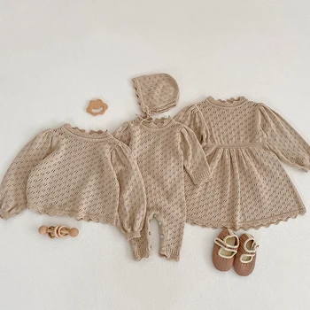 Pavasario ruduo Naujagimis Kūdikis ilgomis rankovėmis Vienspalvis mezgimas Tuščiaviduris kombinezonas+Kepurė Baby Pullover Tops Girls Mezgimo suknelės komplektas