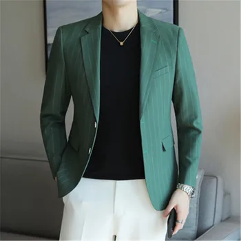Prabangus vyriškas kostiumas Viengubas krūtinė Blazer Big 5XL ilgomis rankovėmis Žaliai dryžuotas vyriškas kostiumas Slim Fit Laisvalaikio striukė Paltas Vyriški drabužiai