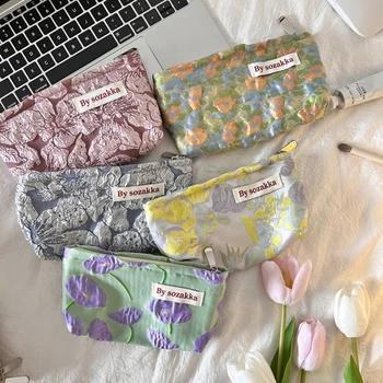 Relief Korean Fashion Flower Travel Cosmetic Storage Bag Kawaii Piniginė Moterų makiažo rinkiniai Rankinės Telefonas Pieštuko dėklas Maišelio krepšys