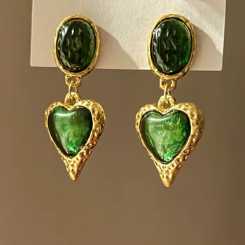 retro prancūziški žali meilės metalo auskarai prabangūs aukštos prasmės nišos dizaino Honkongo stiliaus ins auskarai.