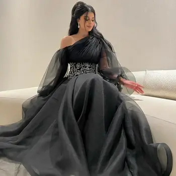 Santorini juodos ilgomis rankovėmis vakarinės suknelės Naujas stilius nuo peties Dubajus Saudo Arabijos vakarėlis karoliukais Sash Oficiali proga Vestidos
