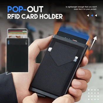 Unisex Men Slim aliuminio piniginės su elastingumu Back Pouch ID kreditinės kortelės laikiklis Mini RFID piniginės automatinis pavadinimas Banko kortelių dėklas
