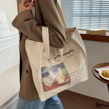 Vieno peties krepšiai Moterys Tote Retro Art Design Drobės krepšys Studentas Didelės talpos prancūziško stiliaus nešiojamas audinys Rankinė Mokyklinis krepšys