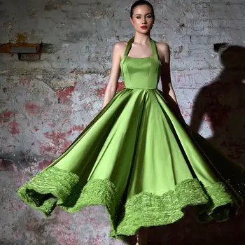 Žalio šilko satino prom suknelės be rankovių moteriška apykakle Vakarėlio suknelė, pagaminta pagal užsakymą Sequin Ruched vestidos Novia Midi chalatai